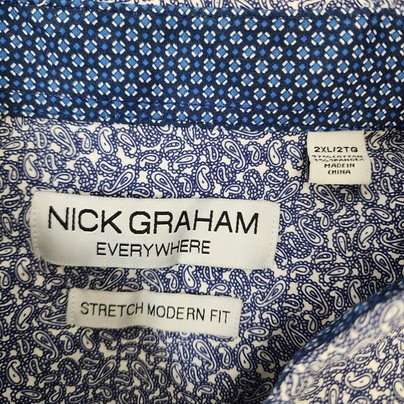 Nick Graham Everywhere Mens Shirt 2XL Blue Paisley Flip Cuff Modern Fit Stretch - Picture 8 of 11